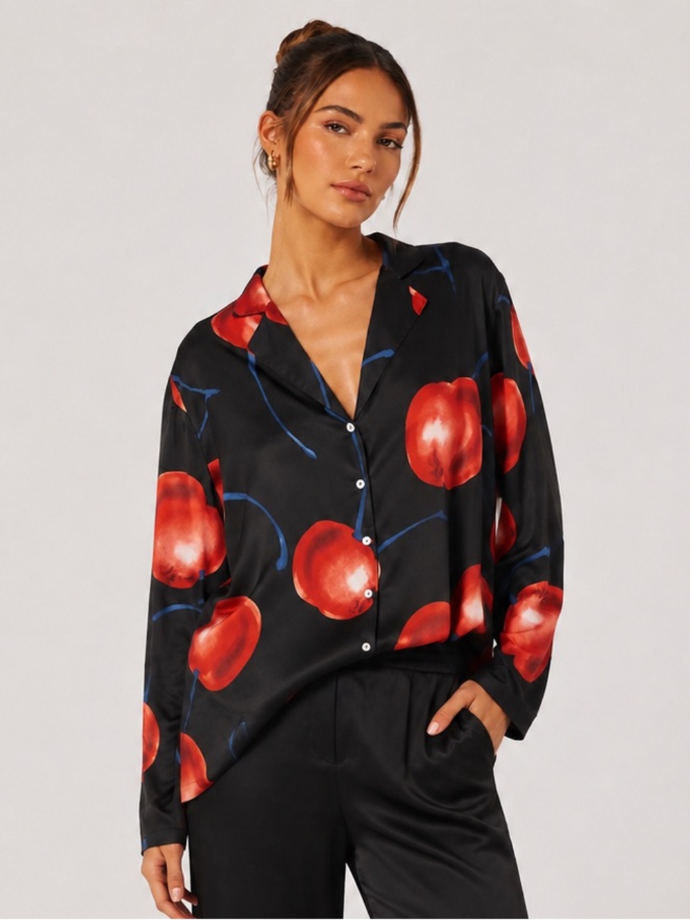 Anthropologie Black Cherry-Print Button Front Women's Top